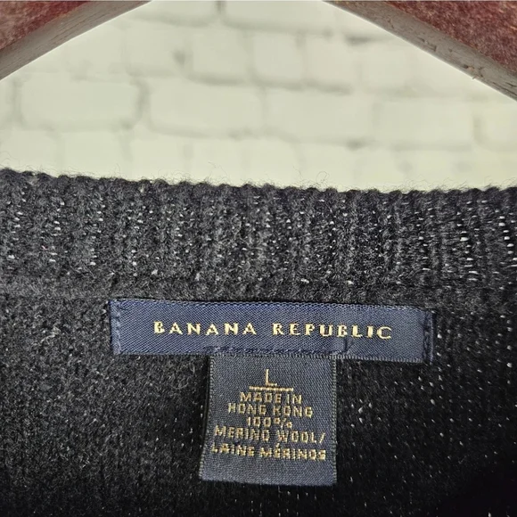 Banana Republic 100% Merino Wool Sweater Men L Black Crewneck Pullover - Picture 2 of 5